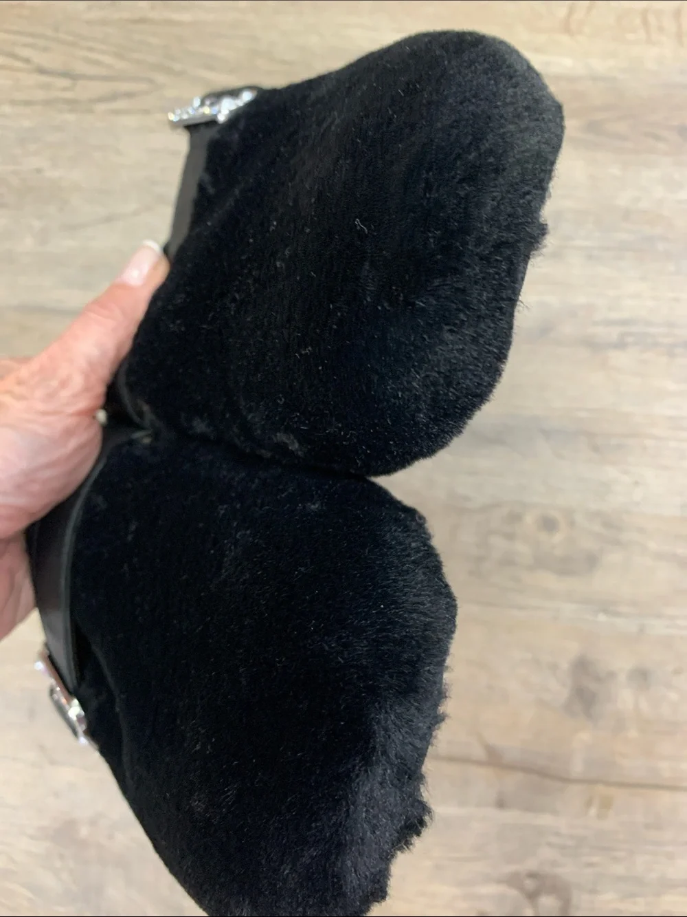 kate spade Black Faux Fur Slip-On Mules with Rhinestone Buckles Size 7